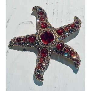 VTG KJL Kenneth J. Lane Red Pink Rhinestone Glass Domed Cabs Starfish Brooch 3"